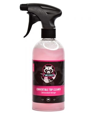 Průhledná láhev s rozprašovačem obsahující čistič střech kabrioletů světle růžové barvy s etiketou autokosmetiky Racoon Cleaning Products