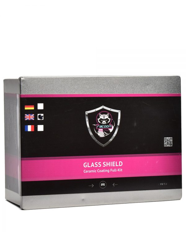 Plechová krabička obsahující set keramické ochrany na sklo s etiketou a logem autokosmetiky Racoon Cleaning Products
