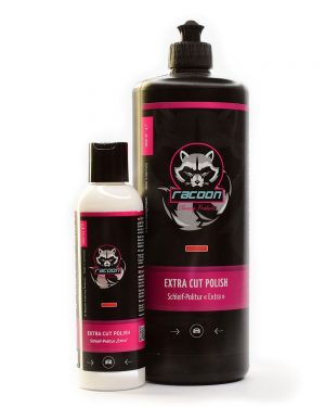Lešticí pasta hrubá Extra cut polish ve dvou lahvích různé velikosti s logem autokosmetiky Racoon Cleaning Products