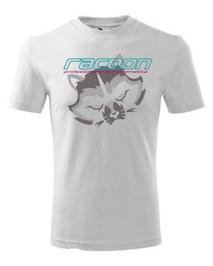 bílé tričko s logem Racoon a vertikálním nápisem