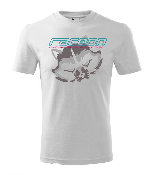 bílé tričko s logem Racoon a vertikálním nápisem