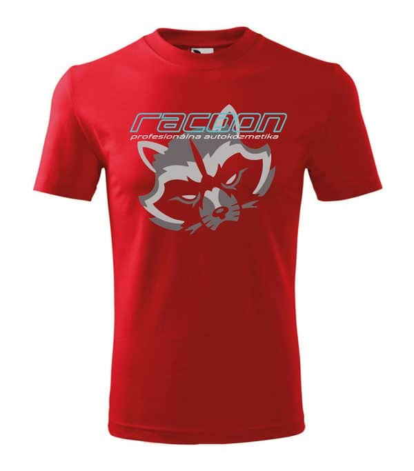 červené tričko s logem Racoon a horizontálním nápisem